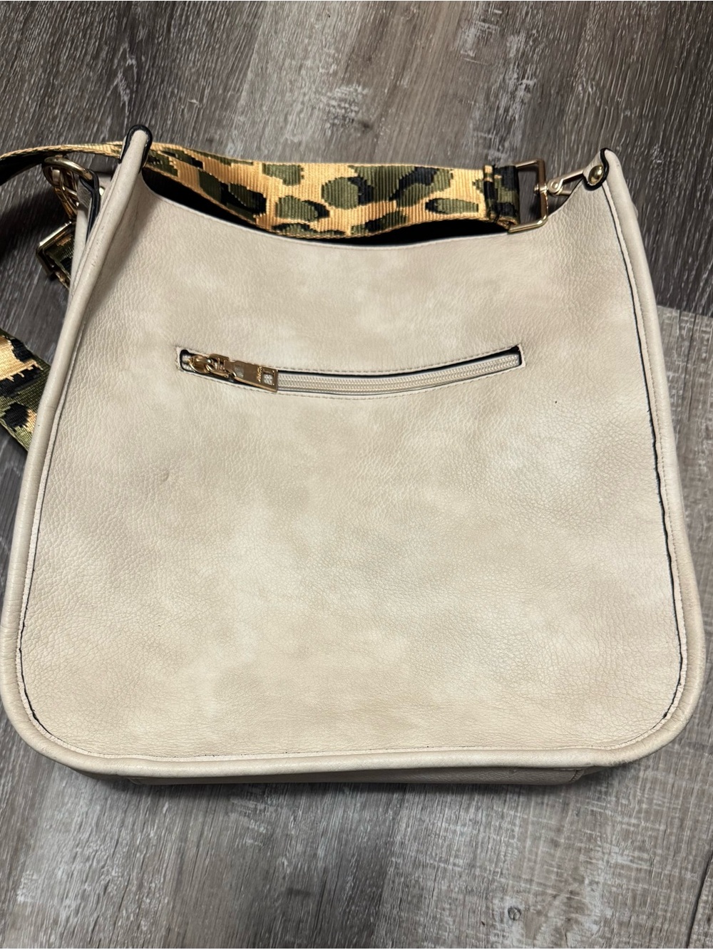Cream Leather Shoulder Bag with Camo Accent Strap